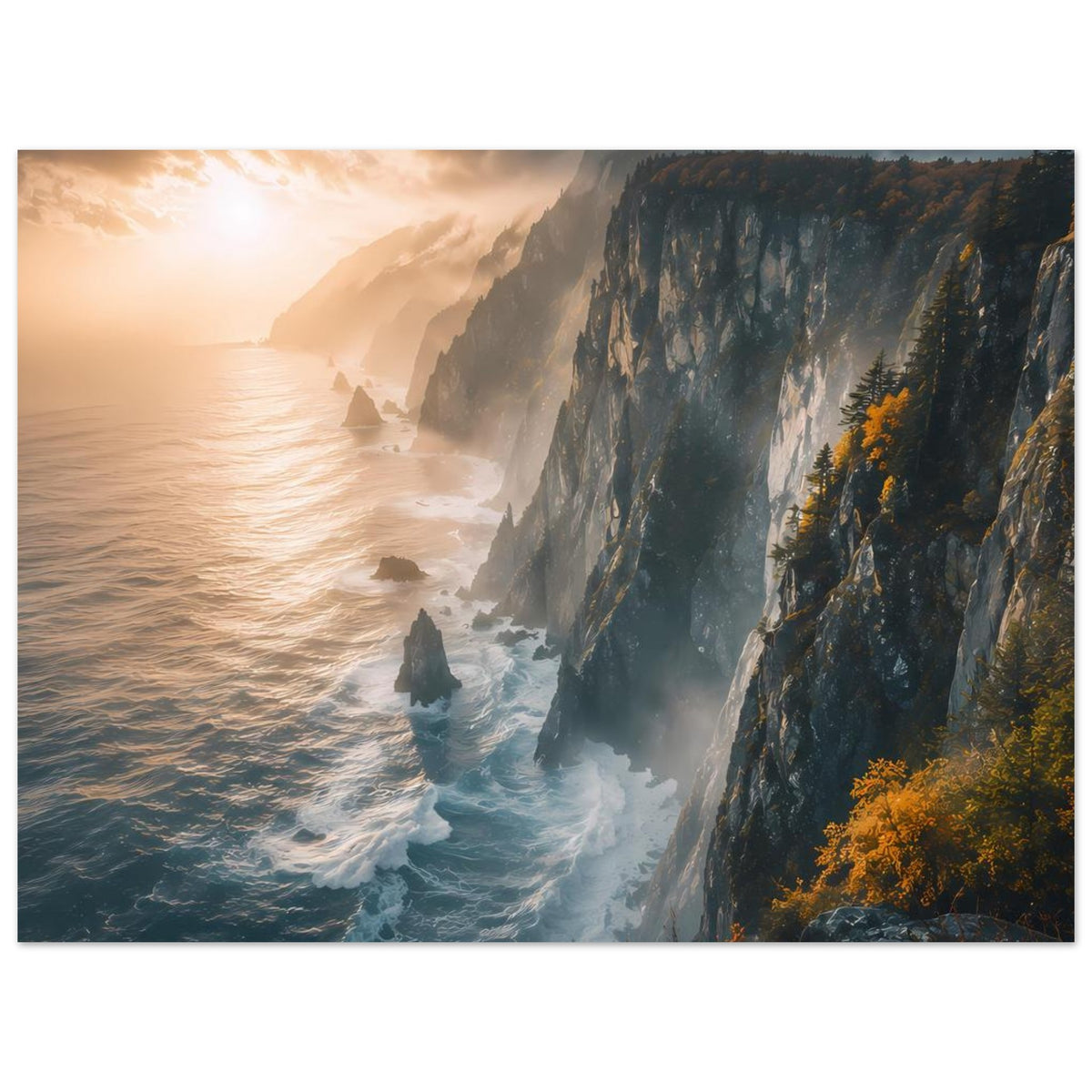 Poster mit Felsklippen an der Küste, Gischtwellen und warmem Licht über dem Meer