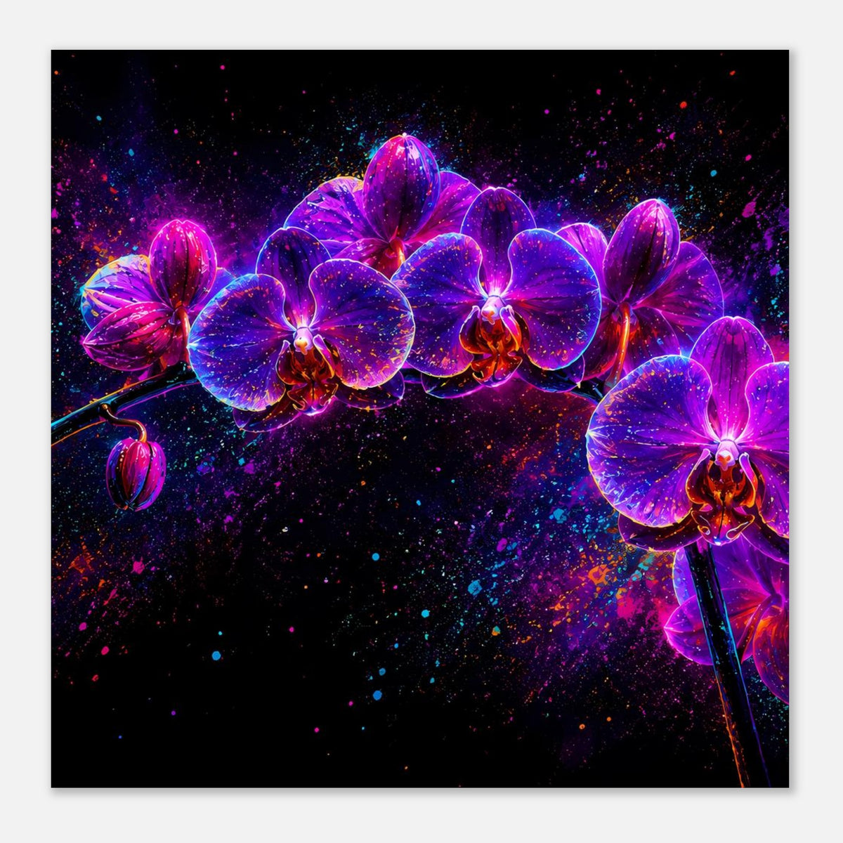 Neonblumenposter: Orchideenblüten in Violett und Blau mit pinkem Leuchten an den Rändern