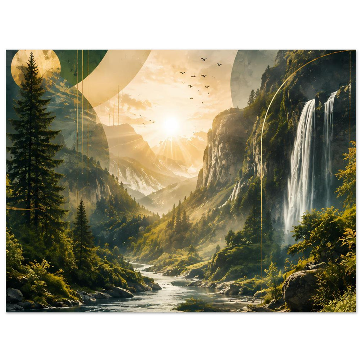 Landschaftsposter (horizontal) mit Wasserfall, Fluss, goldenem Licht und Vogelzug