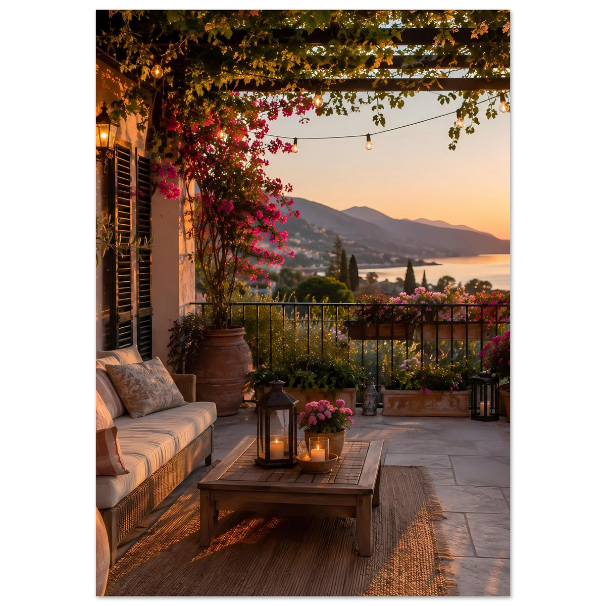 Poster: Balkon bei Sonnenuntergang mit Laterne, Tisch, Sitzbank und Blumen