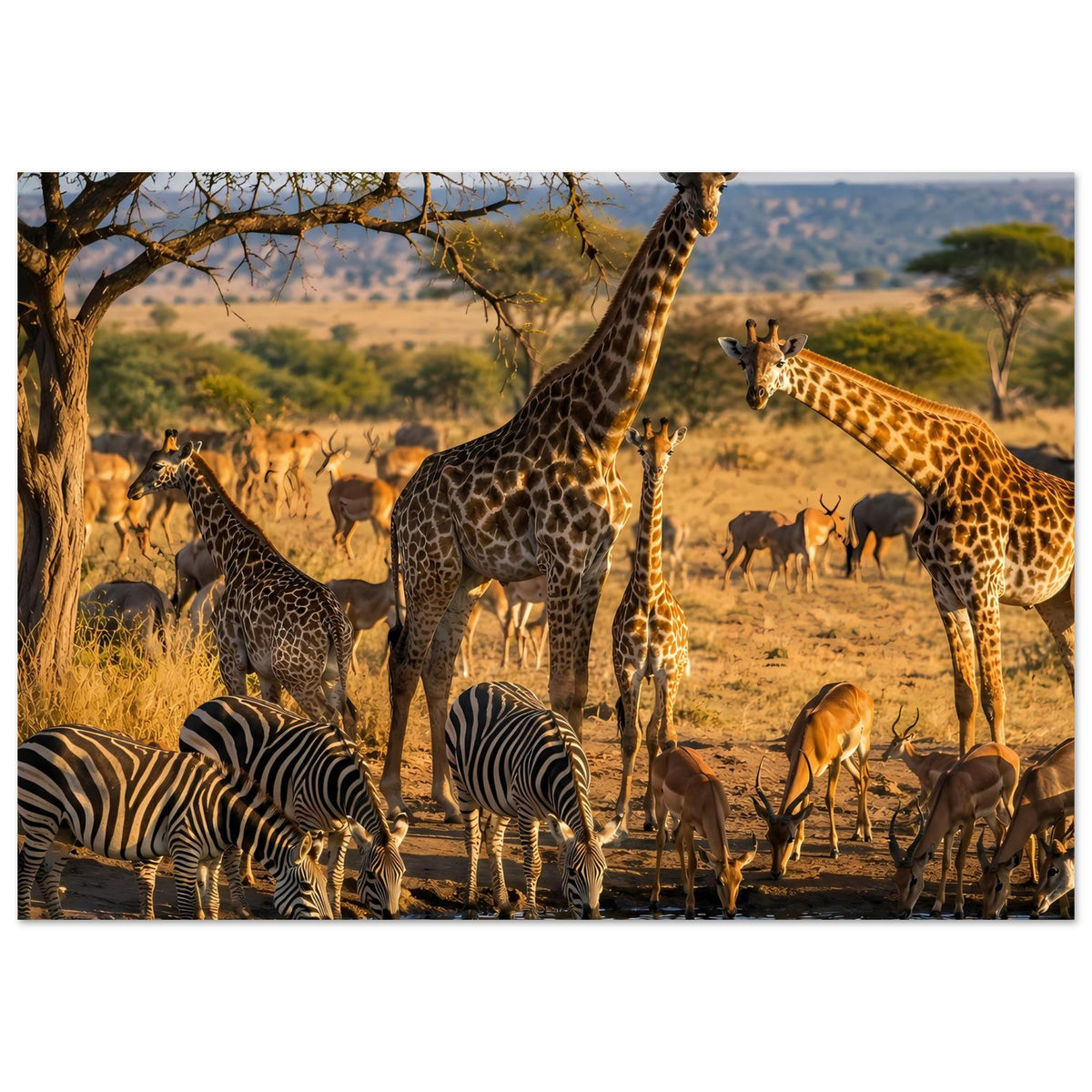 Poster mit Safari-Wildlife-Szene: Giraffen, Zebras und Antilopen an Wasserstelle im Warmgold-Look