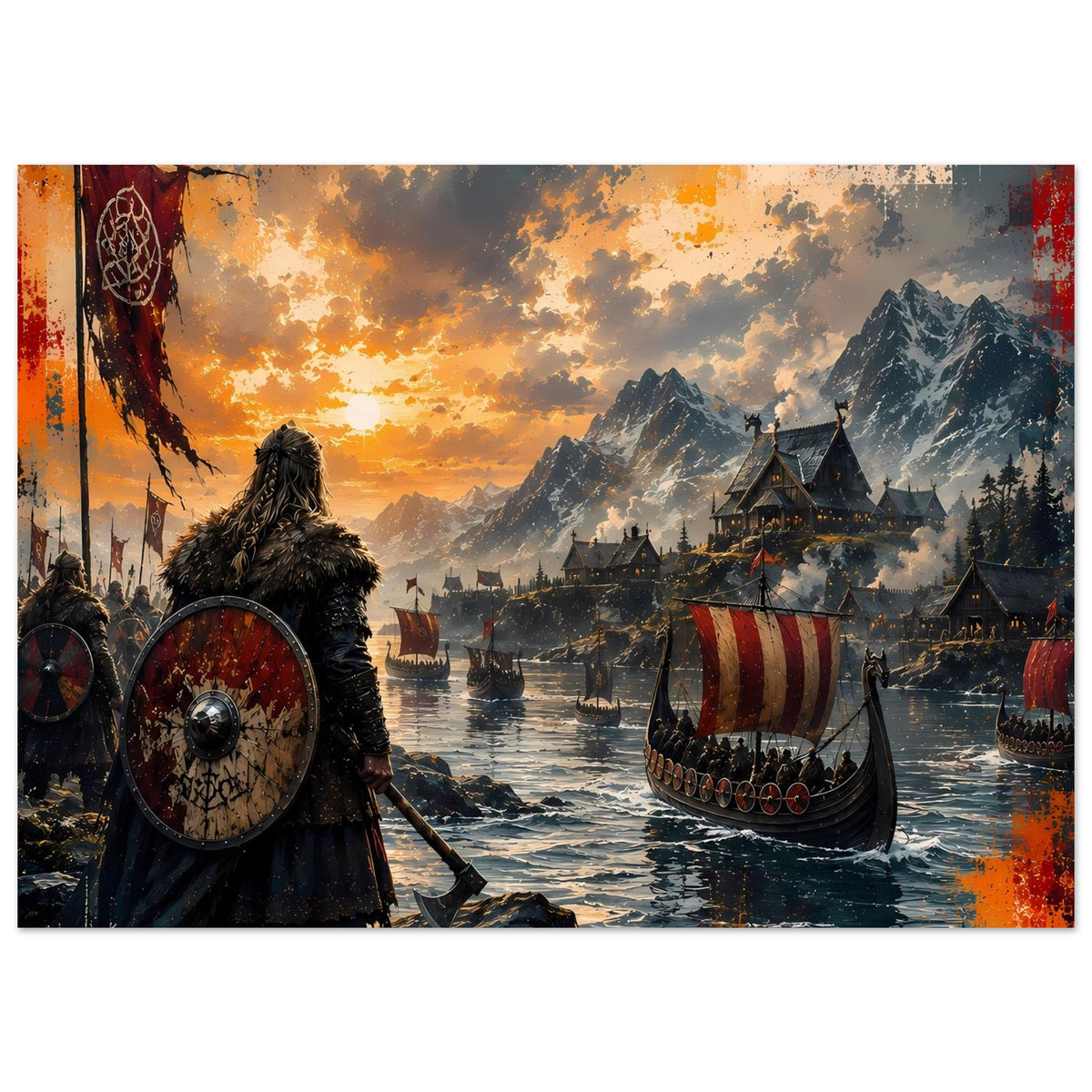 Wikinger-Poster mit Krieger und rundem Schild sowie Langschiff im Meer bei Sonnenuntergang