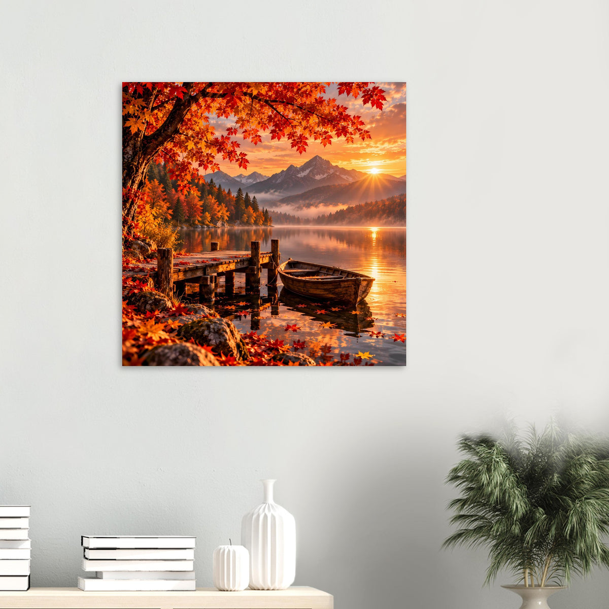 Quadratisches Herbst-Berglandschafts-Poster auf Wand: See, Holzsteg, Boot, Sonne