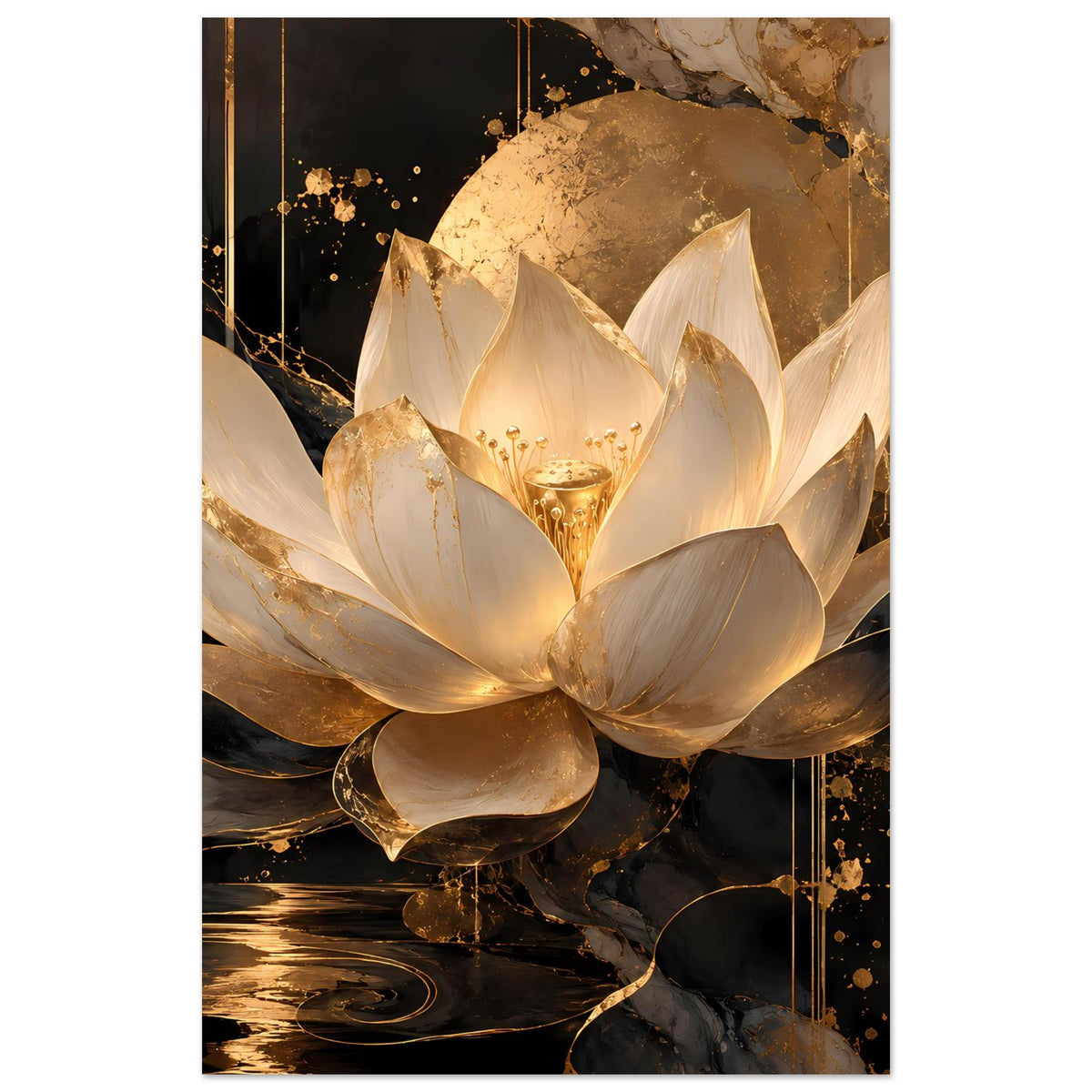 Poster mit goldener und elfenbeinfarbener Lotusblüte, detailreiche Blütenblätter und goldenem Zentrum