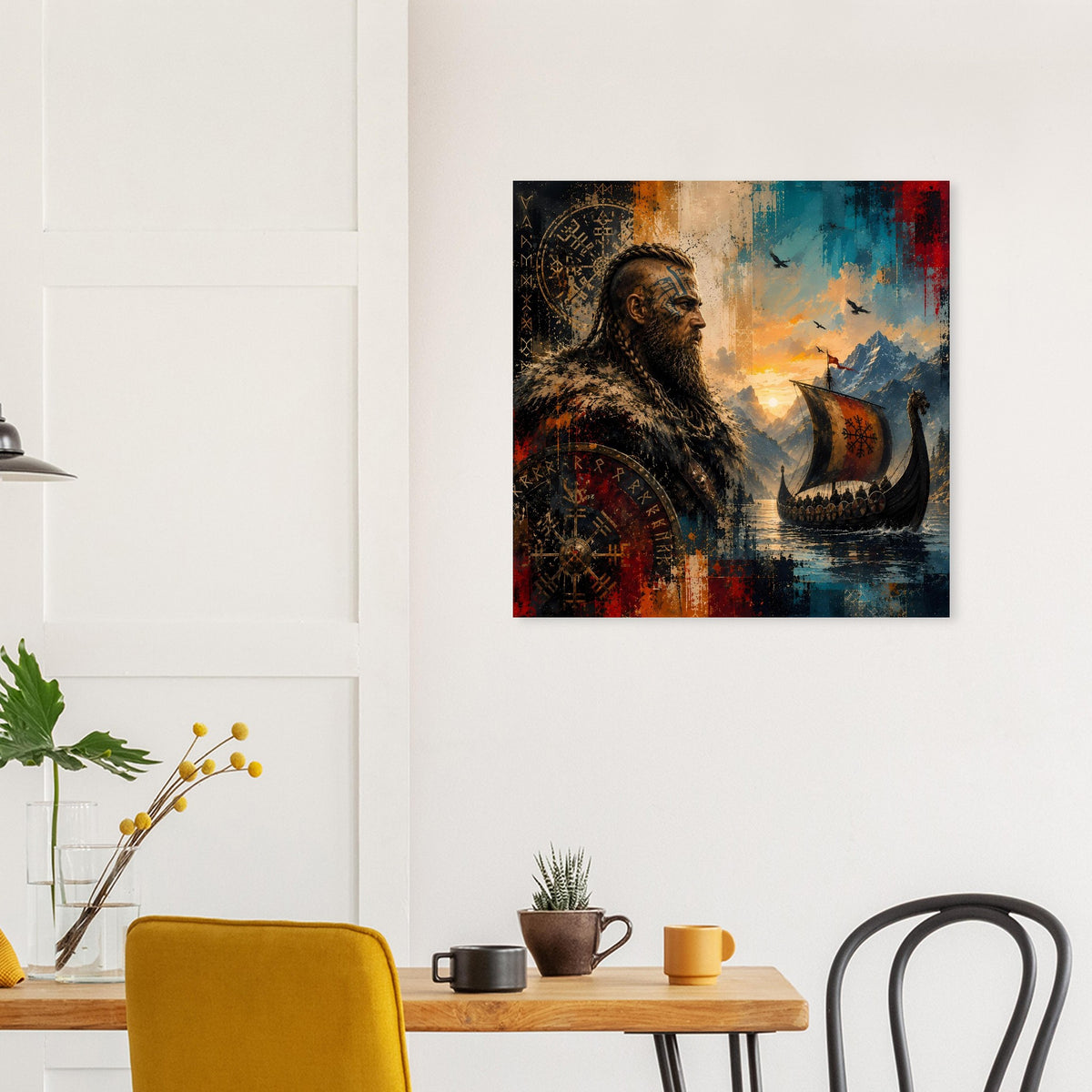 Wikinger-Saga-Poster mit bärtigem Krieger, bunten Runenzeichen und Langschiff im Meer