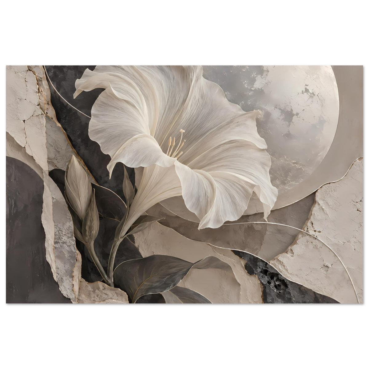 Horizontales Kunstposter mit weißer Blüte und Mondkreis über floralem Motiv