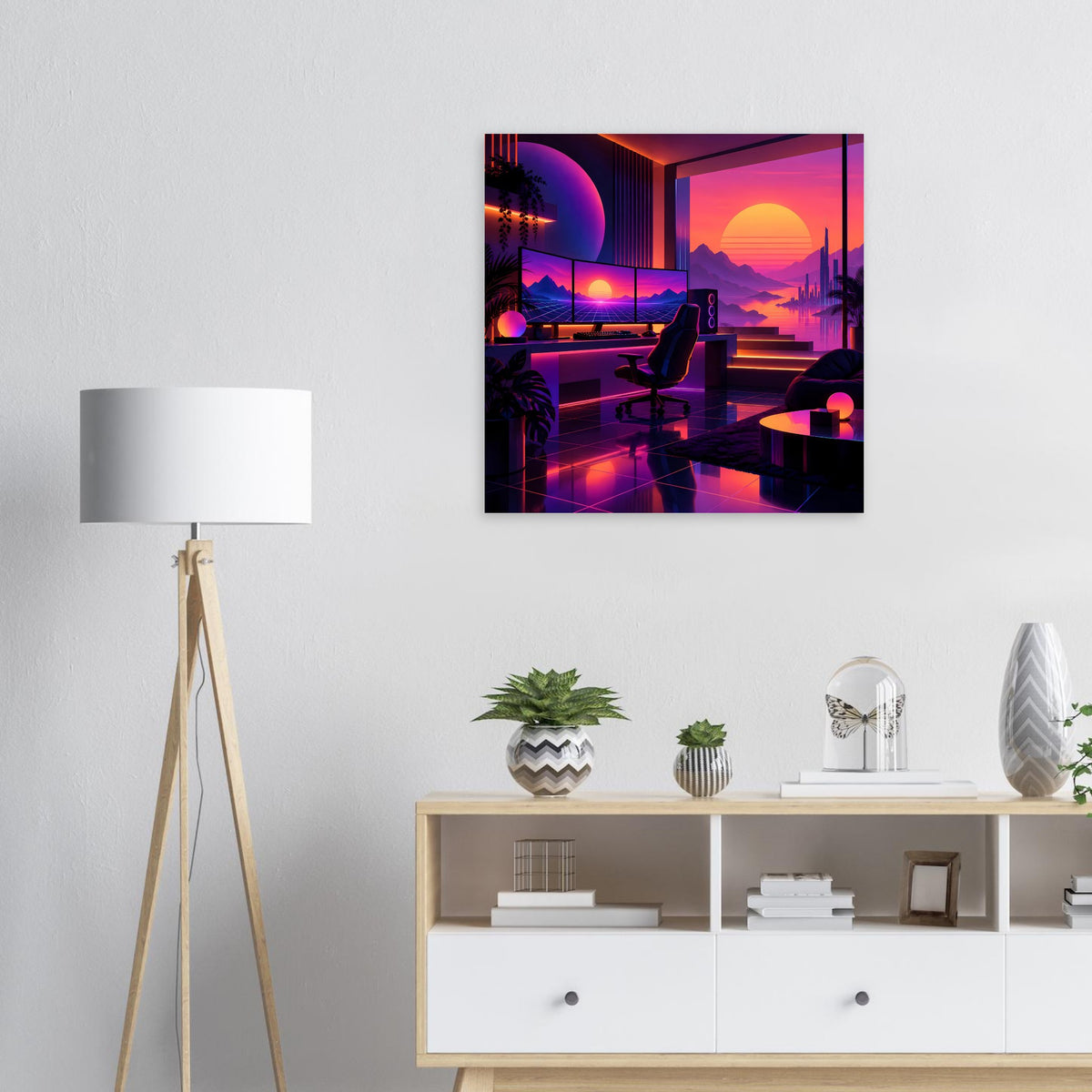 Quadratisches Retro-Poster mit Neon-Sonnenuntergang, lila Farbtönen und dunkler Personensilhouette