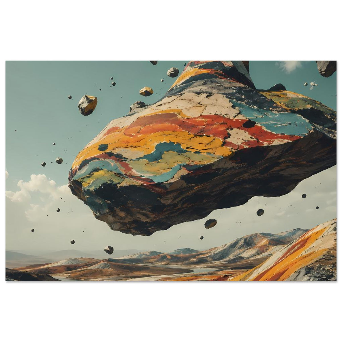 Wandposter im Querformat mit schwebendem Berg, erdigen Farbfeldern und verstreuten Felsbrocken