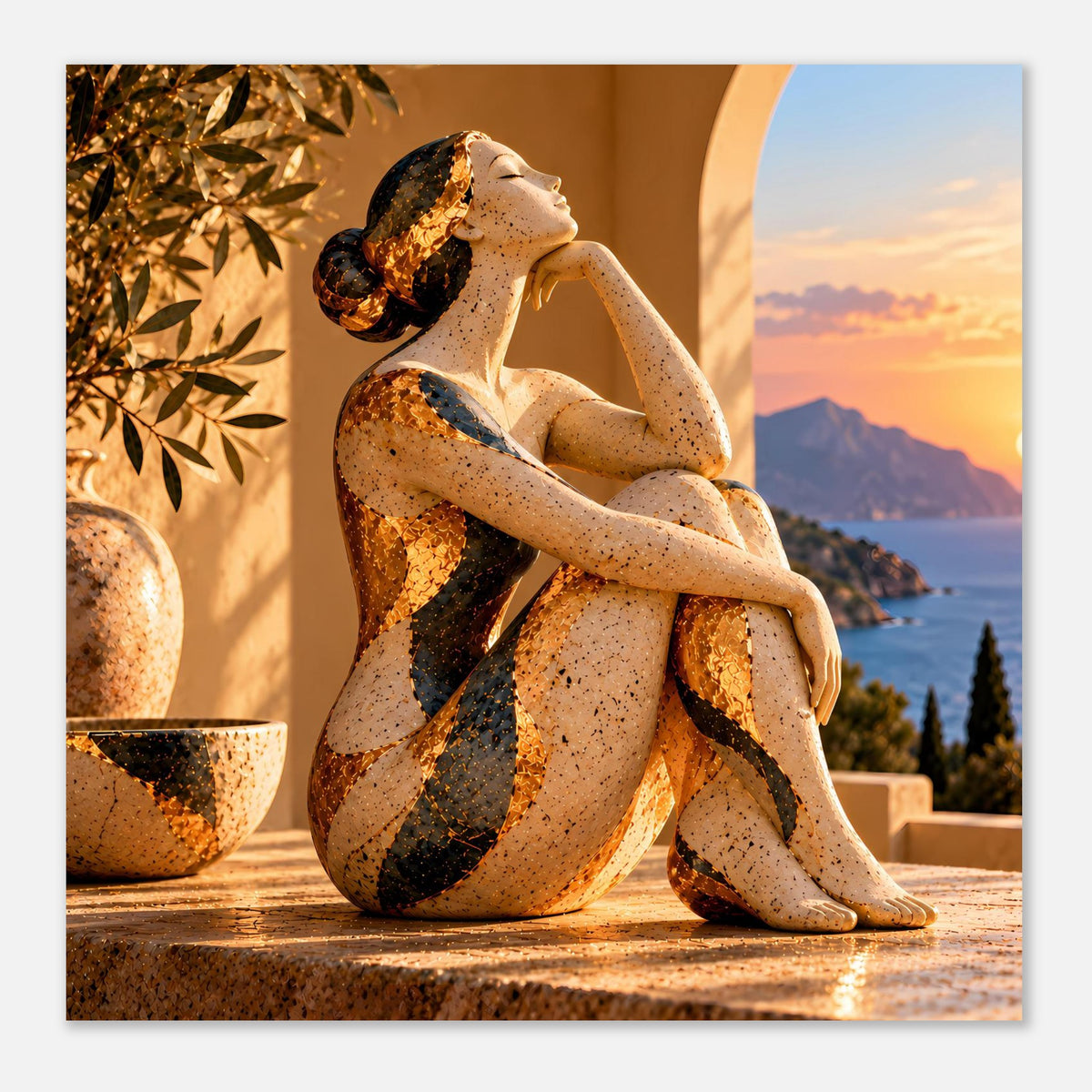Poster mit sitzender Frauenskulptur, braun-goldene Streifen, Meer und Berge im Sonnenuntergang