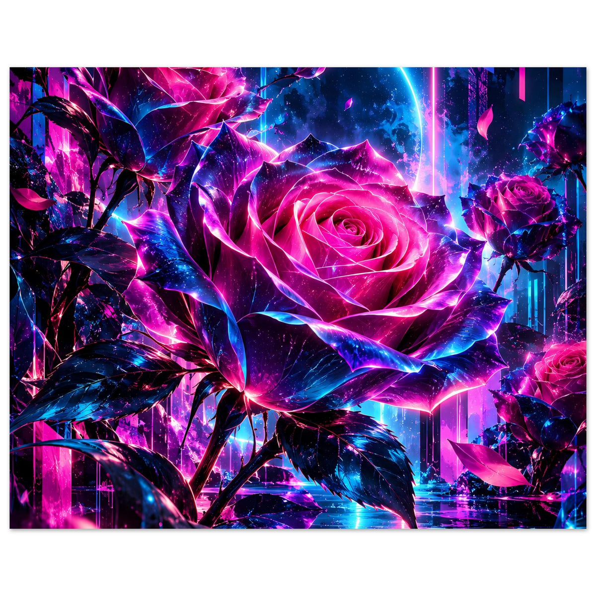 Kunstposter mit Neonblumen in Pink und Blau, zentrale Rose und Lichtranken, horizontal