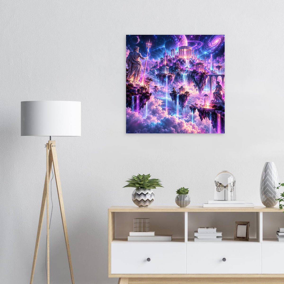 Fantasy-Poster mit schwebenden Inseln, Tempelruinen und Wasserfällen, violette Lichter