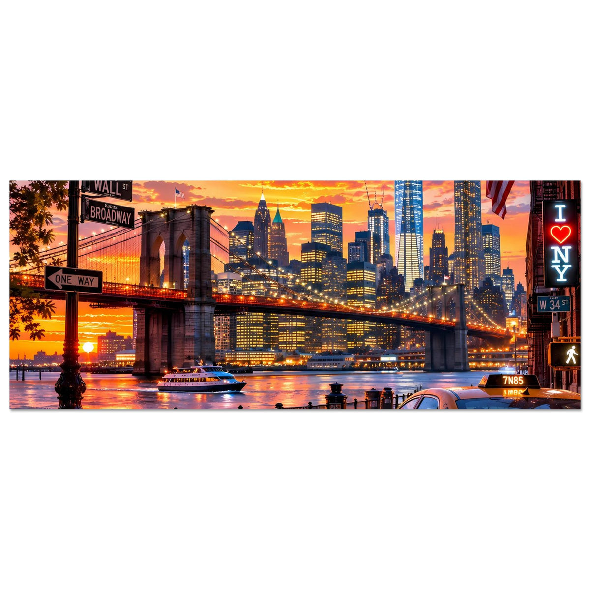 Querformat-Poster mit New York City Skyline bei Sonnenuntergang, Brücke und gelbes Taxi