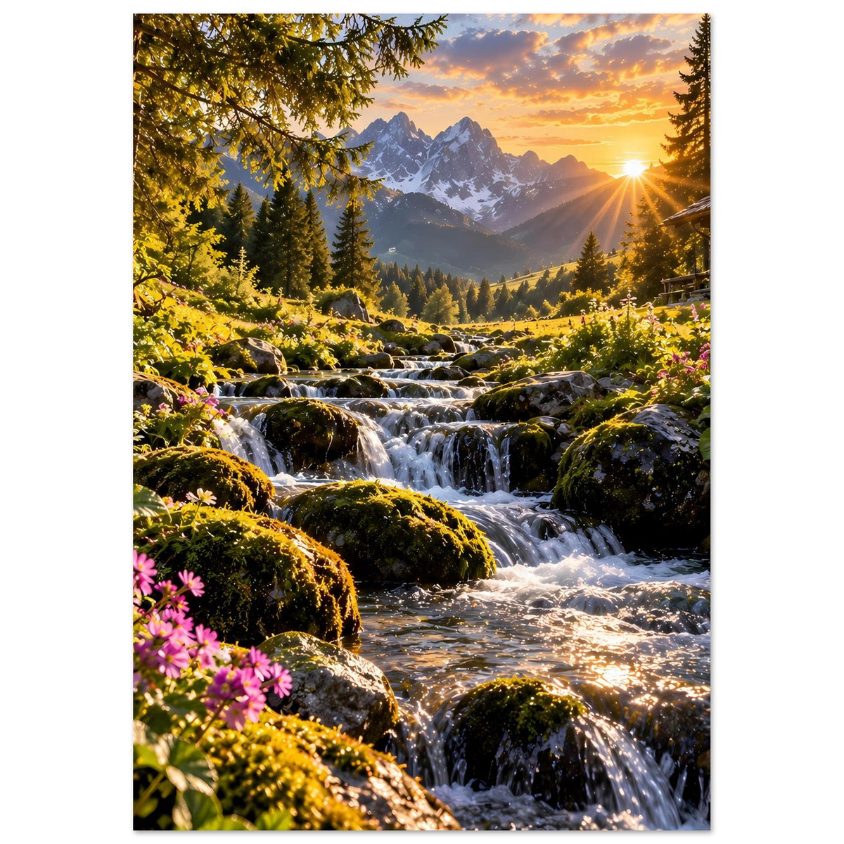 Vertikales Poster: Gebirgsbach mit Wasserfällen, blühende Pflanzen vorn, Sonne am Horizont