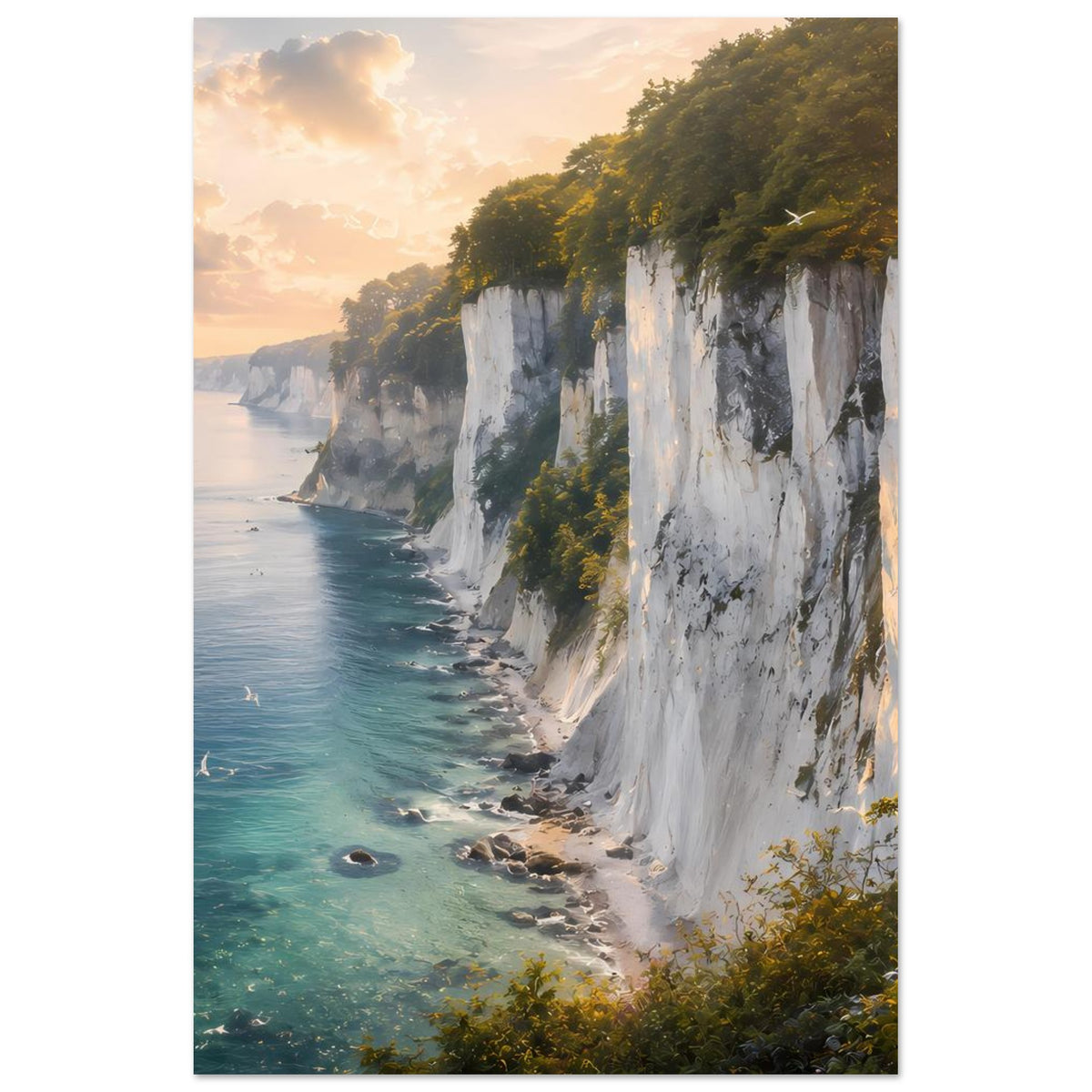 Vertikales Poster mit Wasserlinie links, weißen Kreidefelsen rechts und grünen Bäumen in warmem Licht