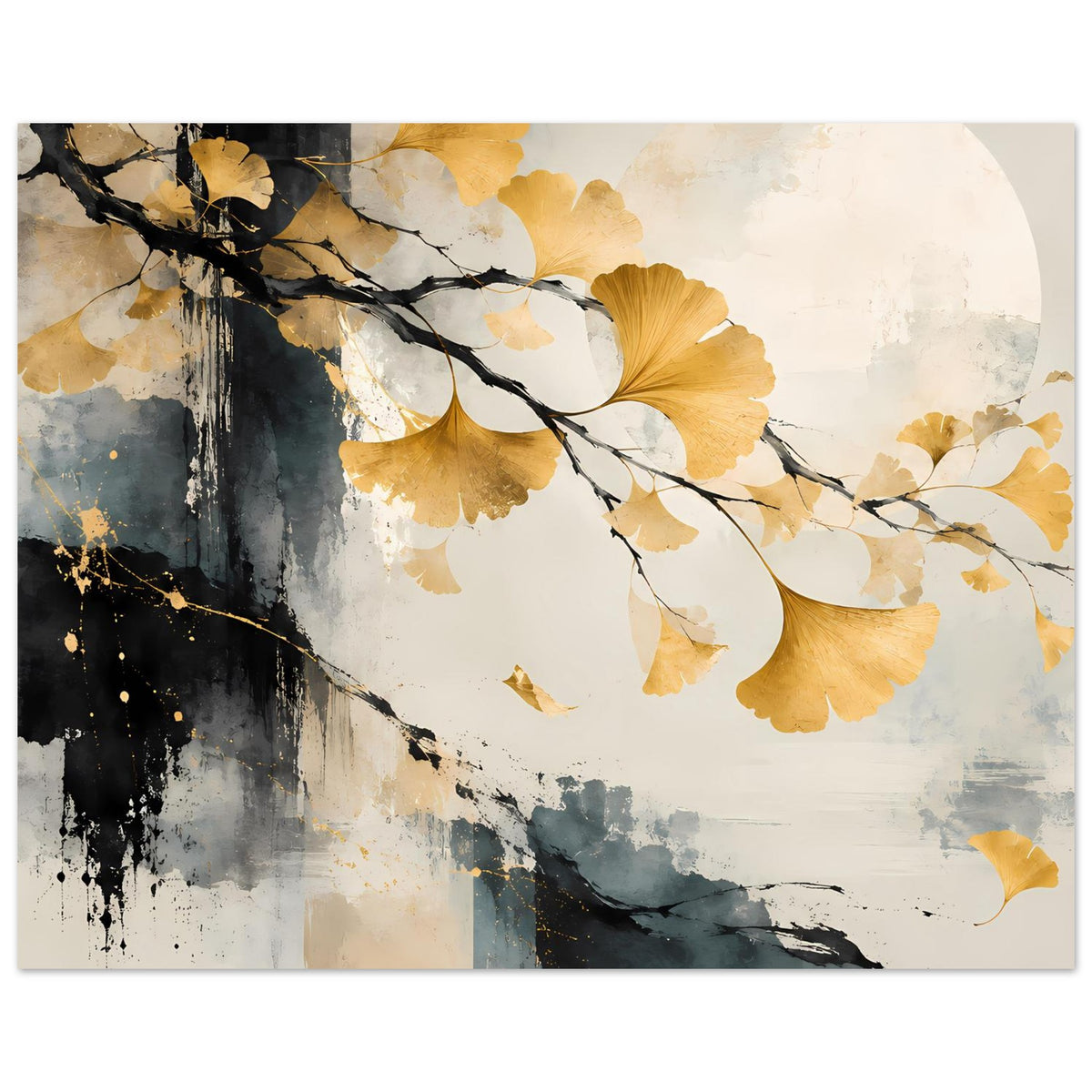 Kunst-Poster im Querformat: goldene Ginkgo-Blätter, schwarze Äste, Aquarellflächen in Beige und Blau