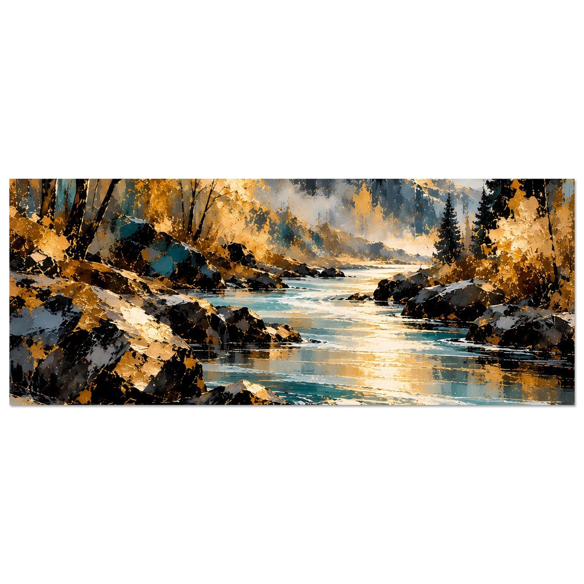 Horizontales Poster: Flusslandschaft mit Wasserfall, Felsen, goldene Bäume und Berge