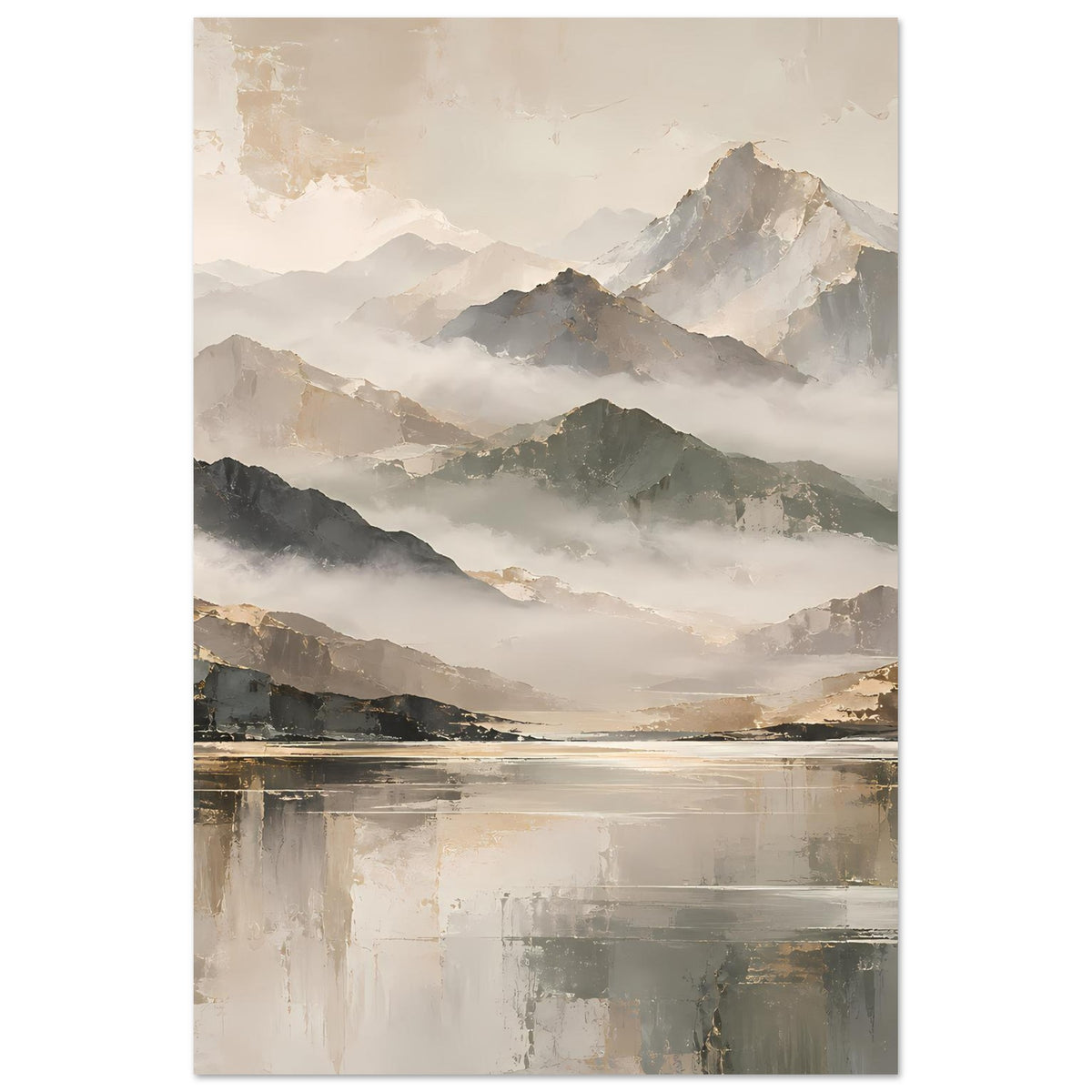 Naturposter im Hochformat: neblige Berglandschaft in Beige- und Goldtönen, Spiegelung im Wasser.