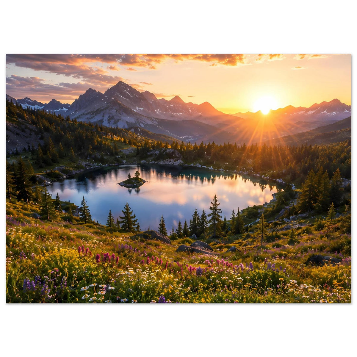 Horizontales Poster mit Sonnenuntergang über Bergsee, Spiegelbild, Berge und Nadelwald