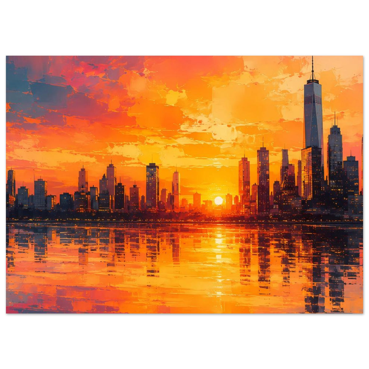 Rechteckiges Poster: Großstadt-Skyline bei Sonnenuntergang mit klarer Spiegelung im Wasser