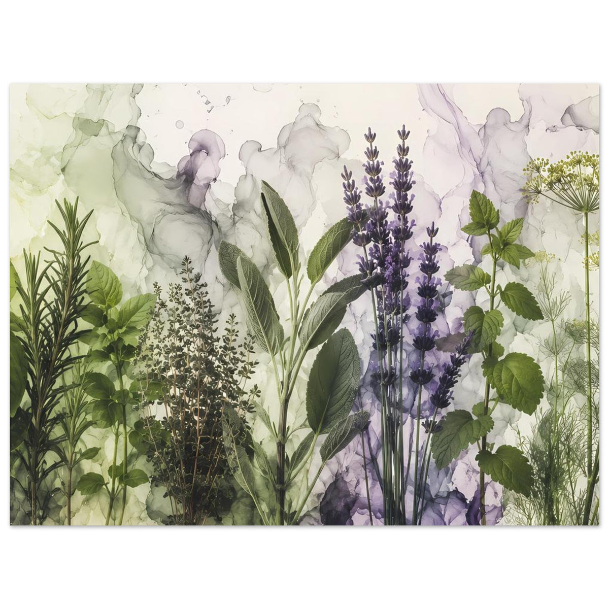 Botanisches Poster mit Lavendel, Kräutern und Blattwerk in Aquarelloptik, hochformatig