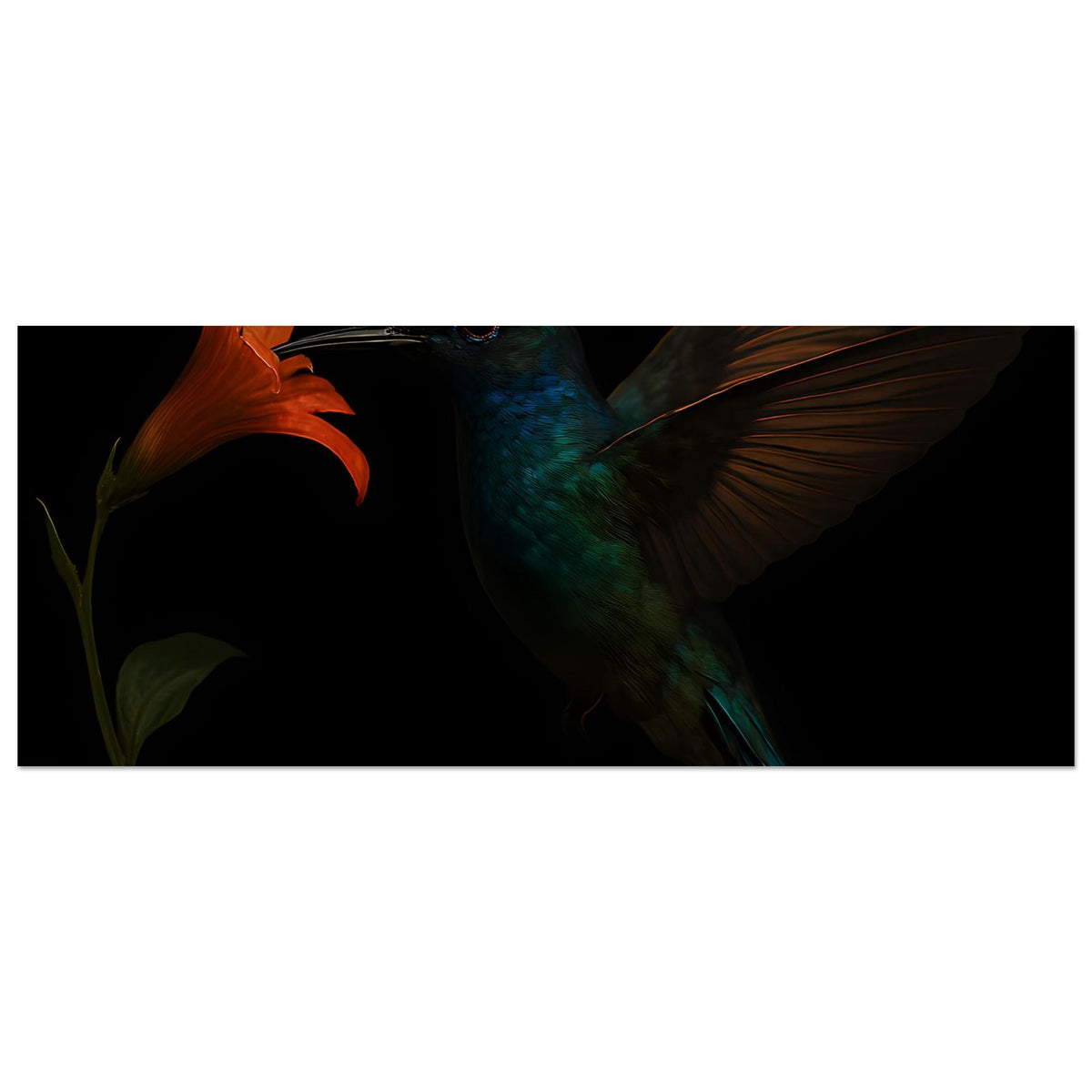 Horizontales Kunstposter Ausschnitt: orangefarbene Lilie und türkisfarbener Kolibri mit Flügel