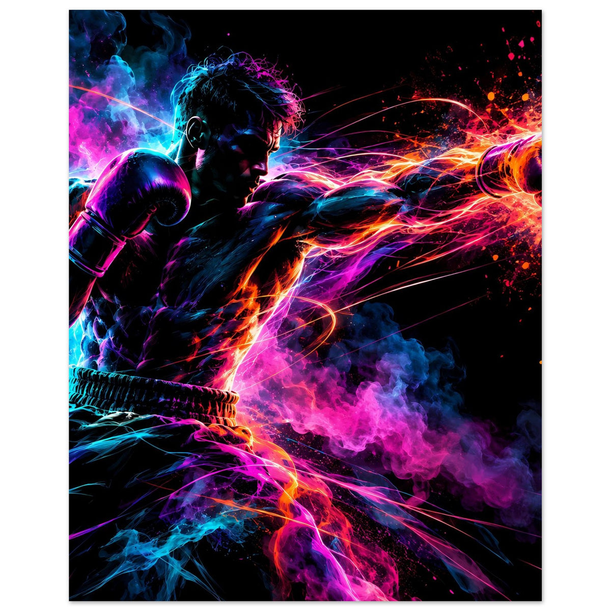 Neon-Boxer-Poster im Hochformat: Boxhandschuhe, Rauchwolken, dynamische Lichtspuren, schwarzer Rahmen