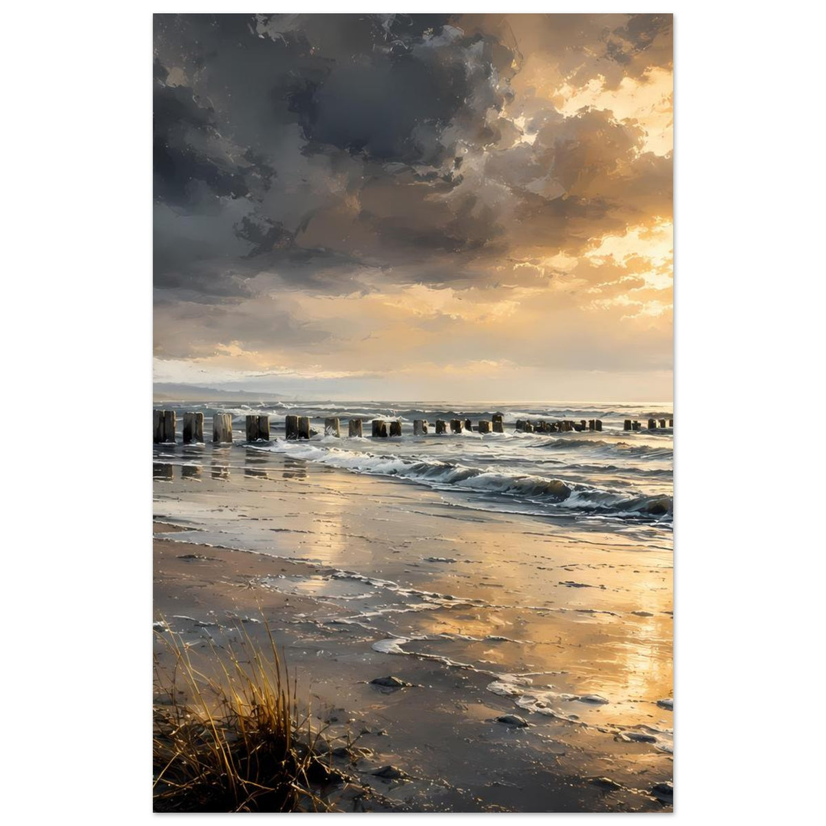 Hochformat-Poster mit Strand bei Sonnenuntergang, dunkle Wolken und goldenes Licht am Horizont