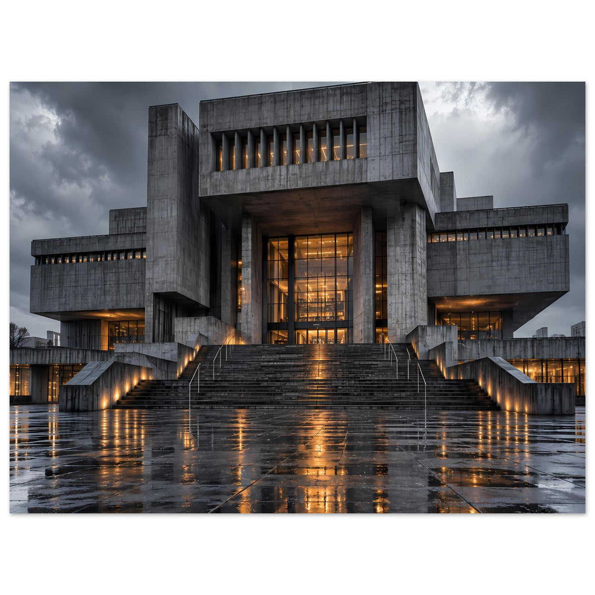 Architekturposter mit Treppenaufgang und warmem Licht in der Eingangshalle aus Beton