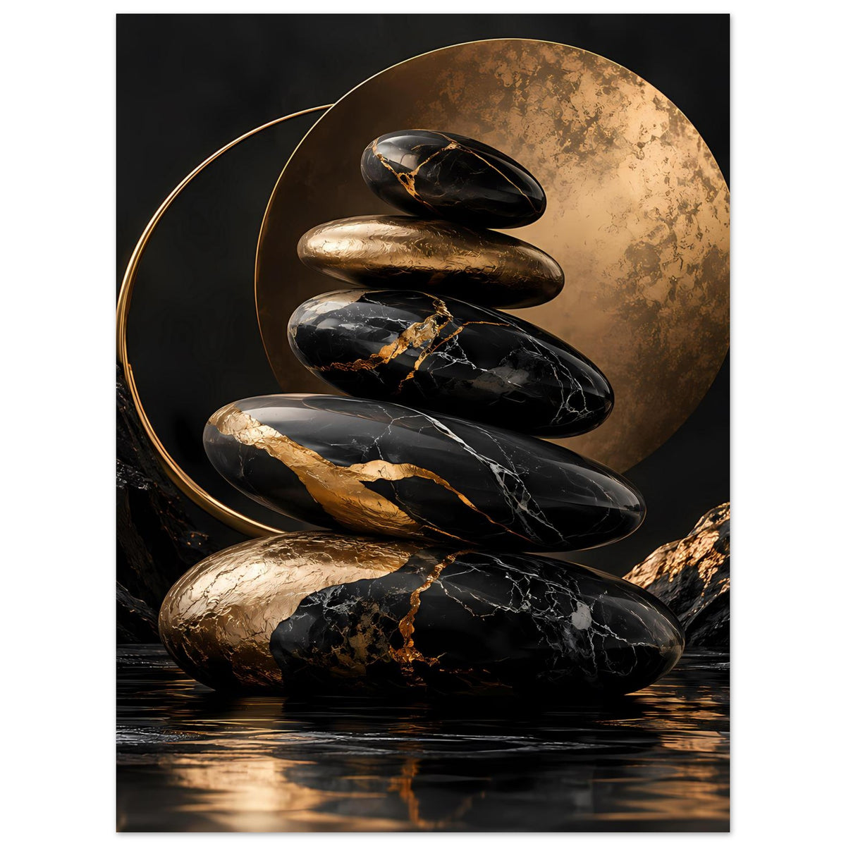 Poster mit Zen-Steinen, goldener kreisförmiger Fläche und marmorierten Schwarz-Goldtönen