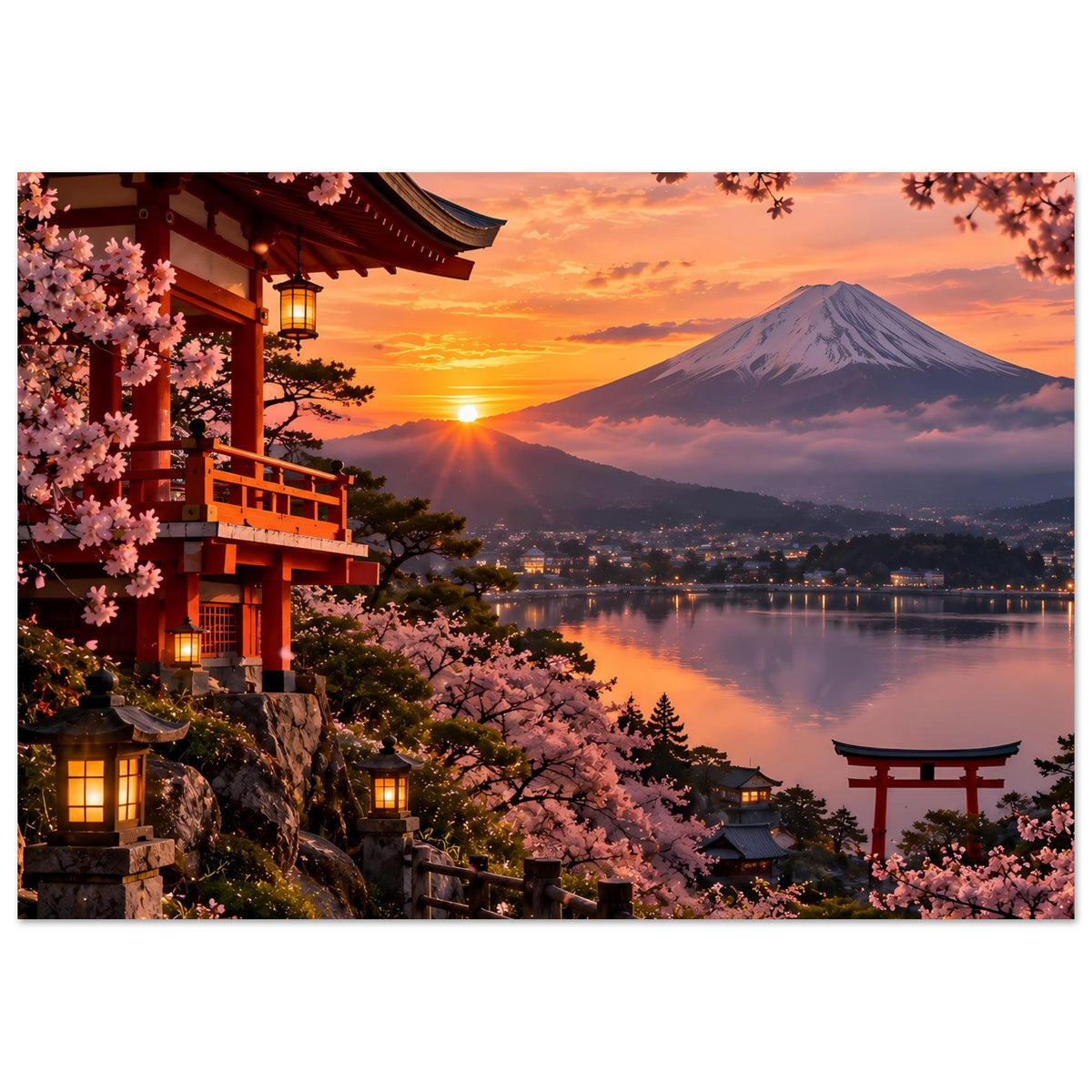 Horizontales Poster mit Kirschblüten, Tempel-Torii und Berg Fuji bei Sonnenuntergang