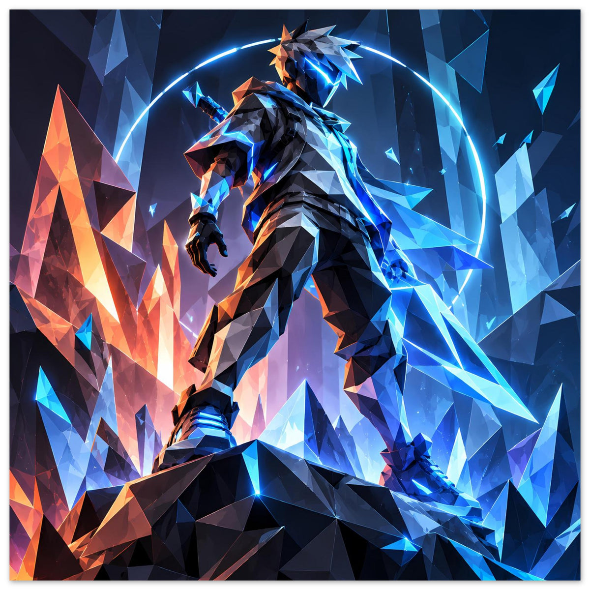 Neon-Poster: futuristischer Krieger in dunkler Rüstung, umgeben von blauem Lichtbogen und Fragmenten
