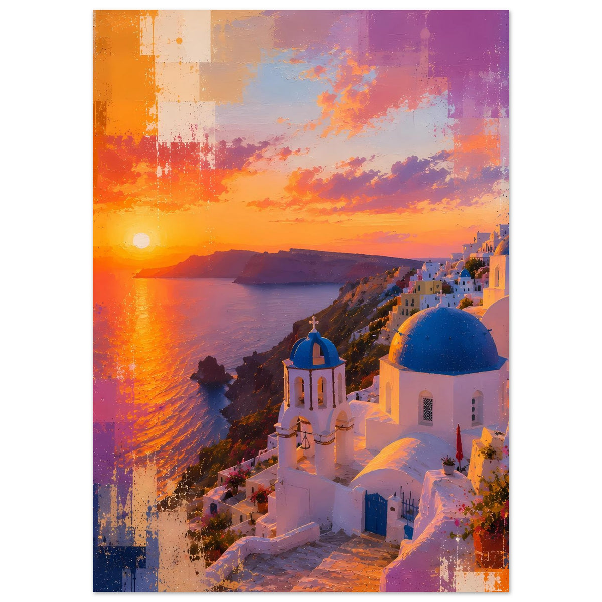 Vertikales Poster mit Sonnenuntergang über Meer und weiß-blauen Kuppeln, lebendige Farbtöne