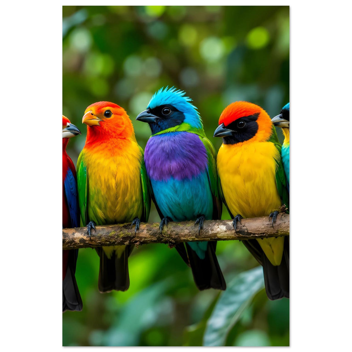 Hochformat-Poster mit bunten tropischen Vögeln auf einem Ast, kräftige Farben