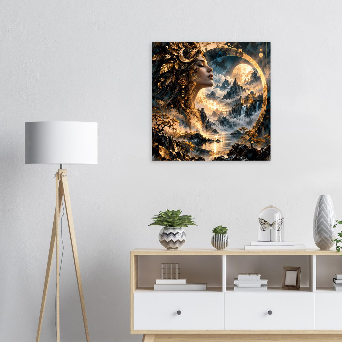 Quadratisches Poster mit Göttin im Profil und Mond über nebliger Landschaft, goldblau