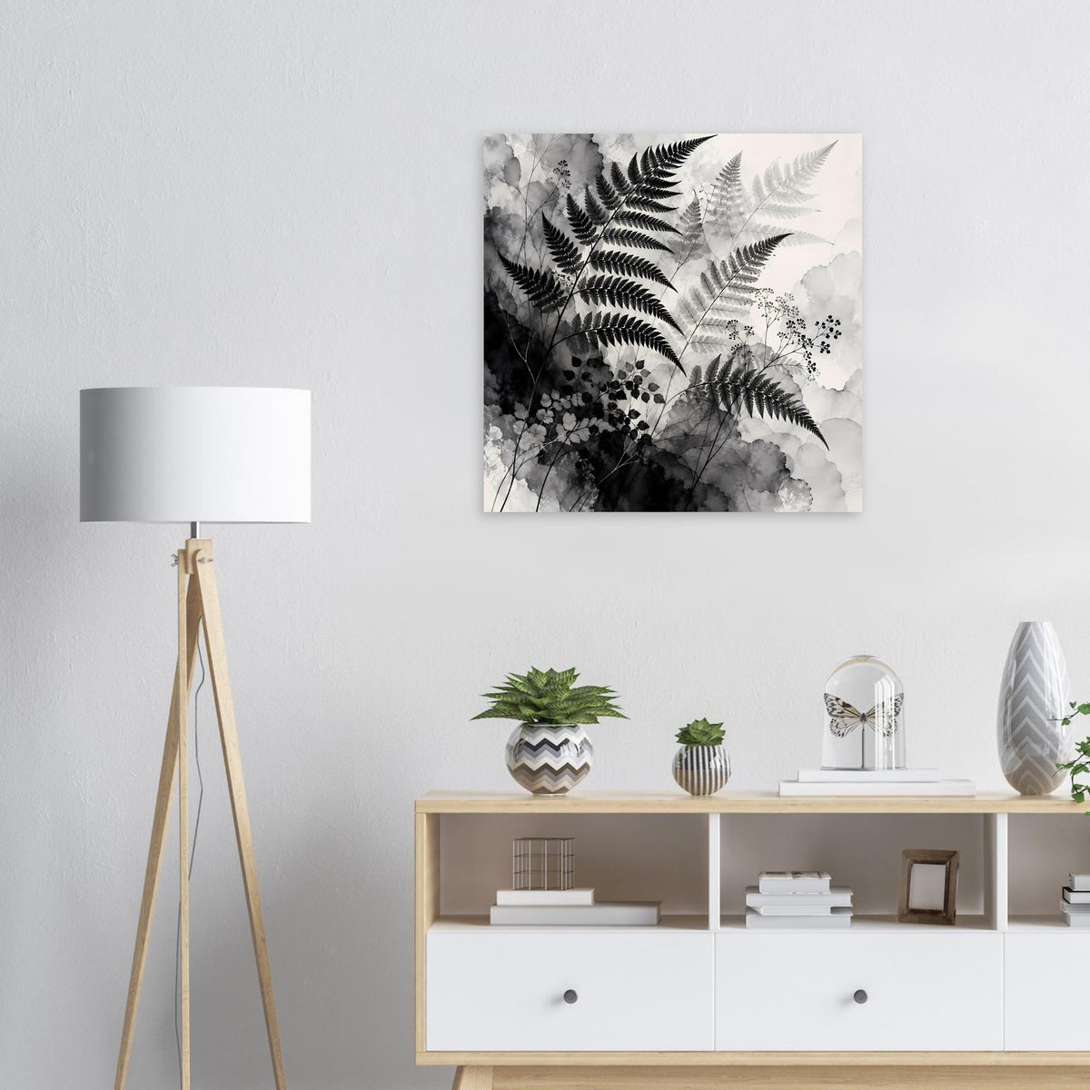 Botanisches Schwarz-Weiß-Kunstposter mit Farn- und Blumenmotiven, quadratisch gerahmt