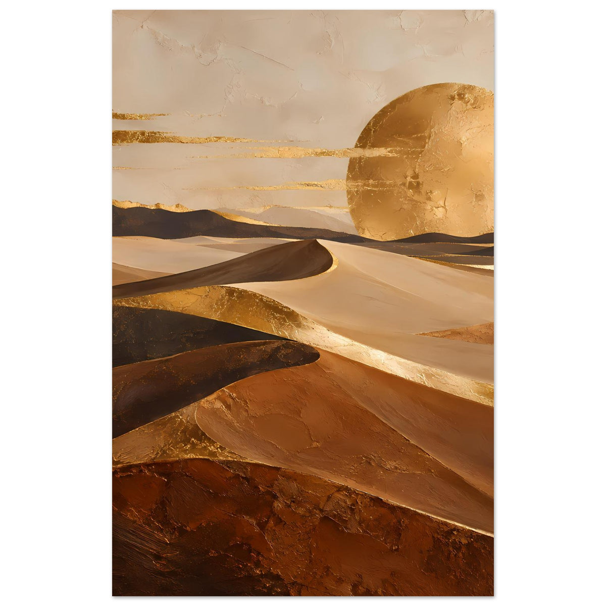 Wüstendünen-Poster mit großer goldener Sonne, Sandecken und Felsflächen in warmem Braun