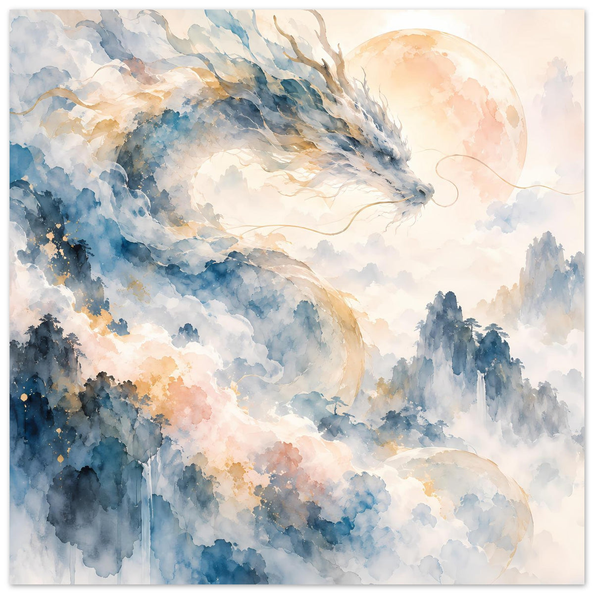 Fantasie-Aquarellposter mit Drachen über Berge und Mondschein, querformat in Pastelltönen