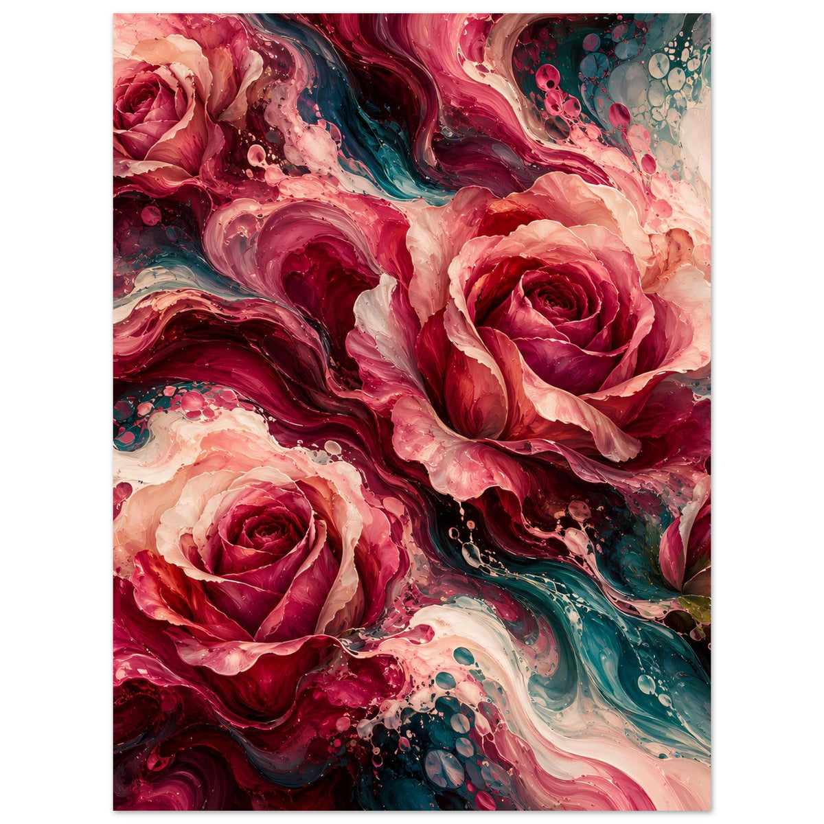 Blumenposter mit roten Rosen und türkisfarbenen Farbwirbeln, weiche Pastelltöne