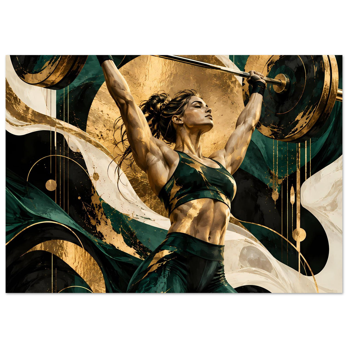 Kunstposter: Athletin hebt Langhantel über dem Kopf, grünes Sportoutfit, goldene Scheiben