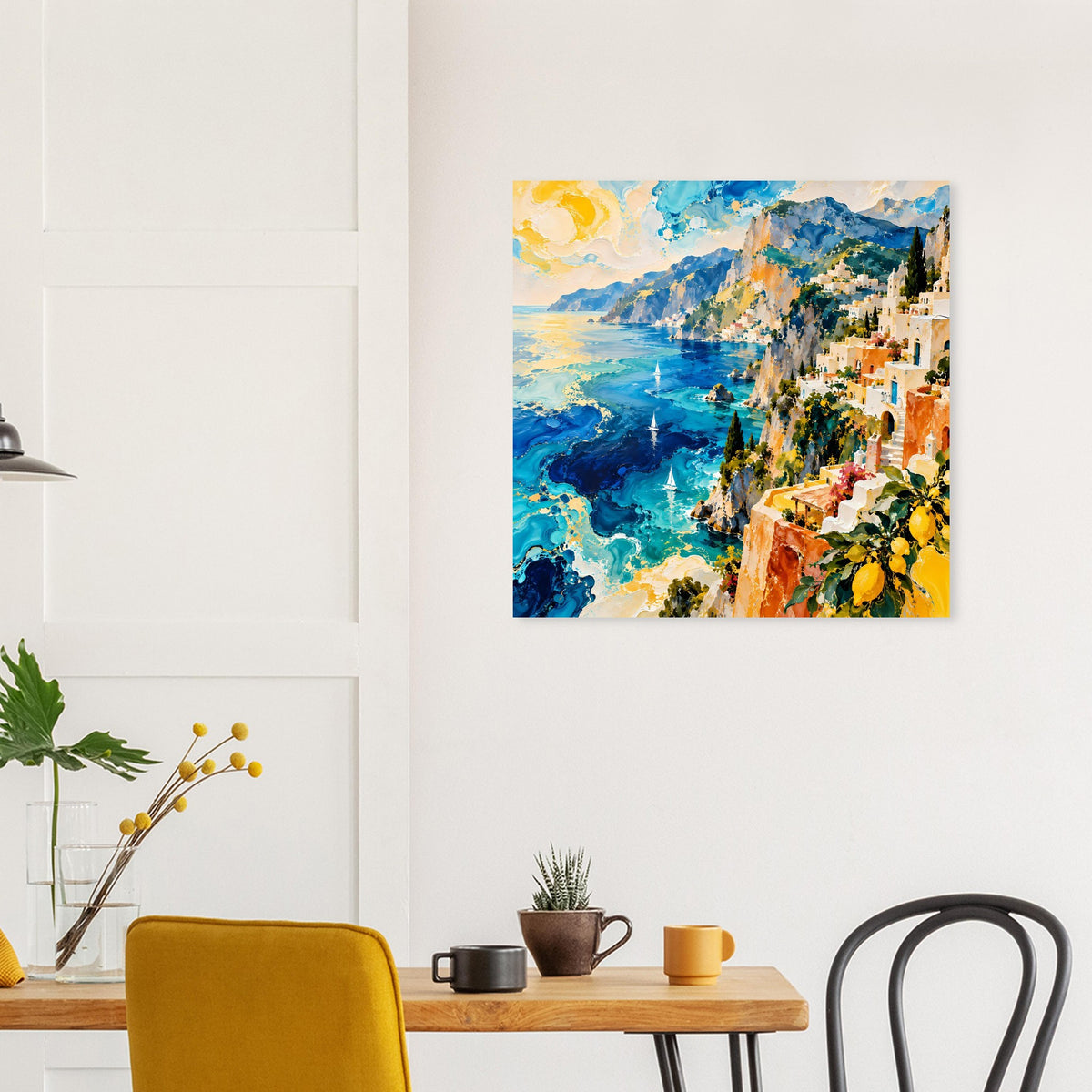 Kunstdruck: blaues Meer, goldgelber Himmel und orange Häuser am Hang