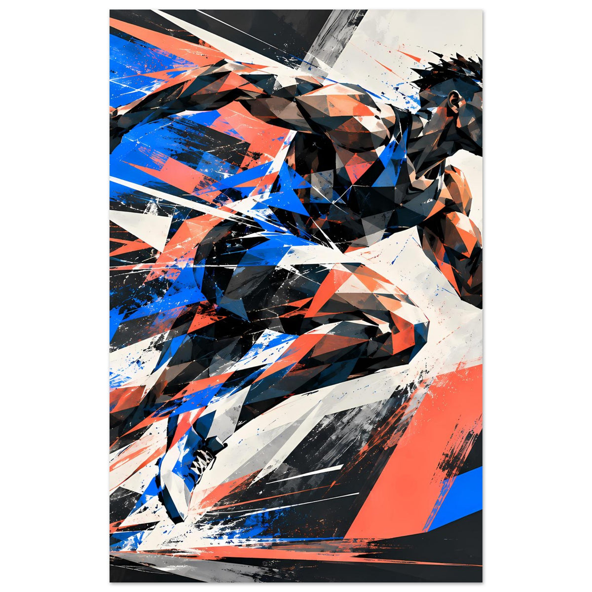 Hochformat-Poster mit abstraktem Läufer, blau-orange Grafik auf weißem Rand