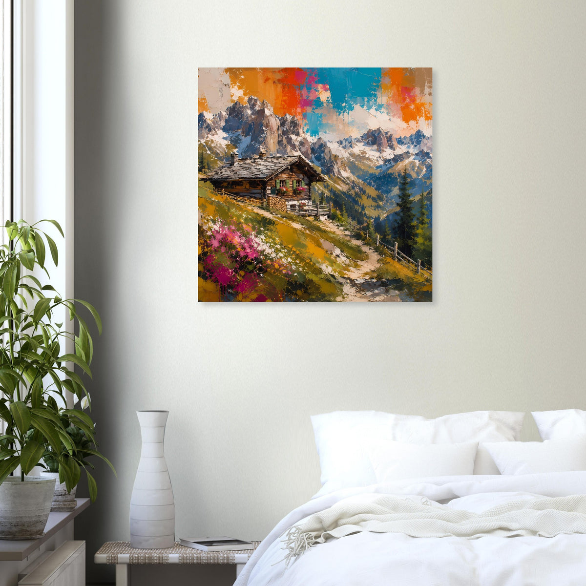 Rechteckiges Poster mit Hütte im Gebirge, gelbem Pfad und blau-orangen Himmel