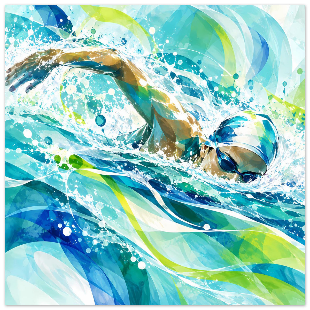 Querformat-Poster mit abstrakter Schwimmer-Szene, blaugrüne Farbflächen und Spritzer