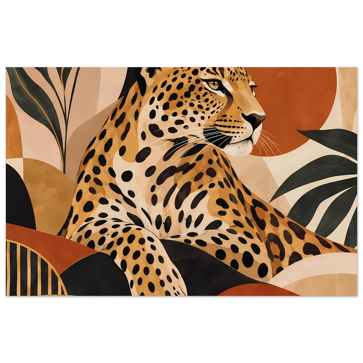Leopard-Tierposter im Boho-Stil, braun-beige mit schwarzen Flecken und orangefarbenen Formen
