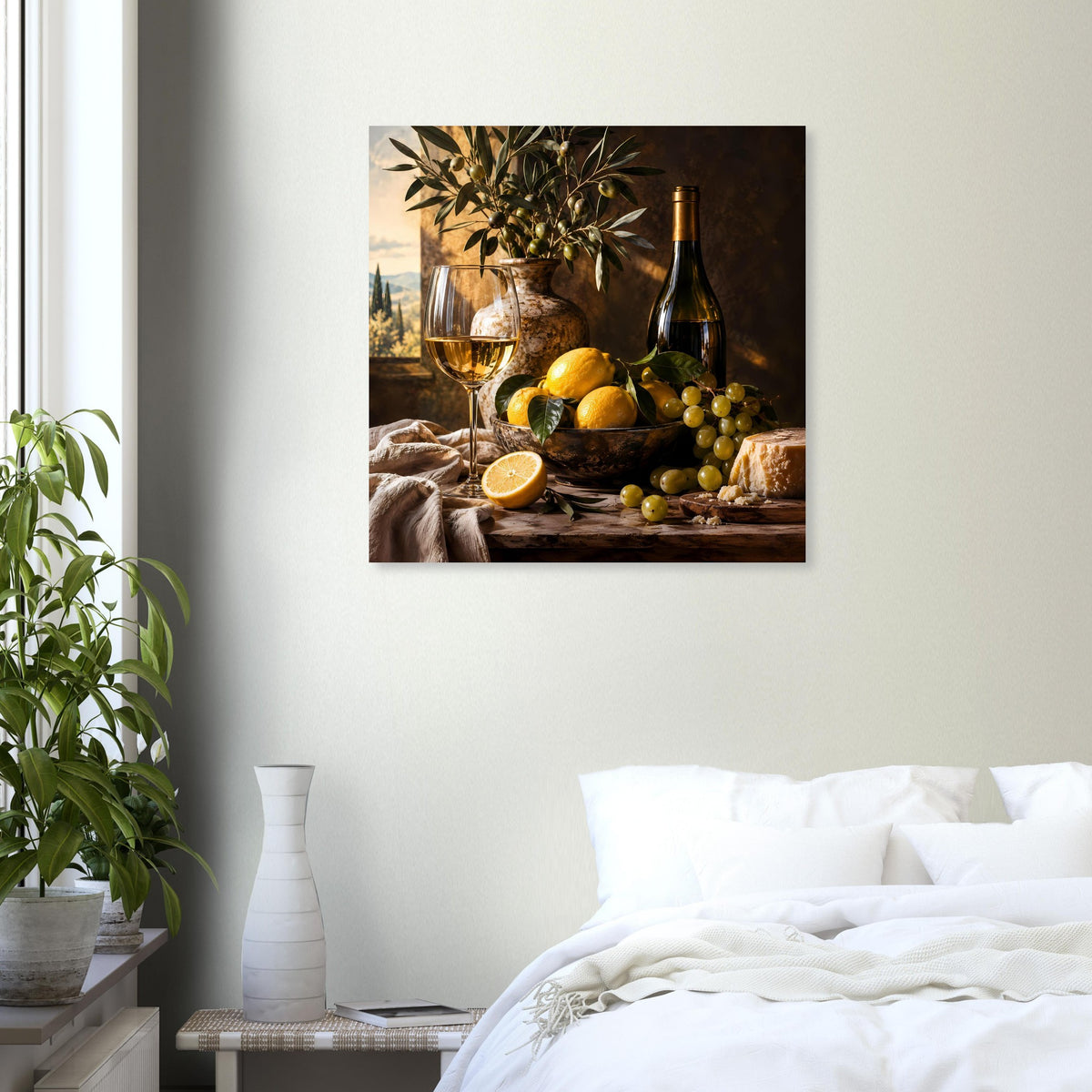 Poster mit Stillleben: Wein, Zitrone, Trauben und Käse auf dunklem Tischmotiv.