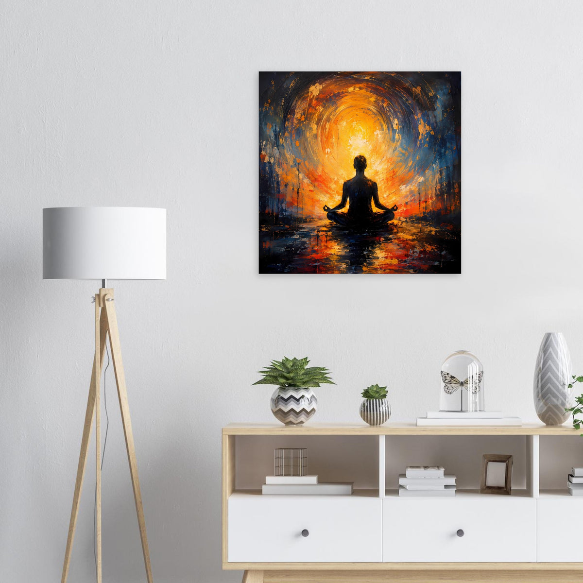 Abstraktes Sonnenaufgang-Poster mit meditierender Silhouette, orange-blau, im schwarzen Rahmen