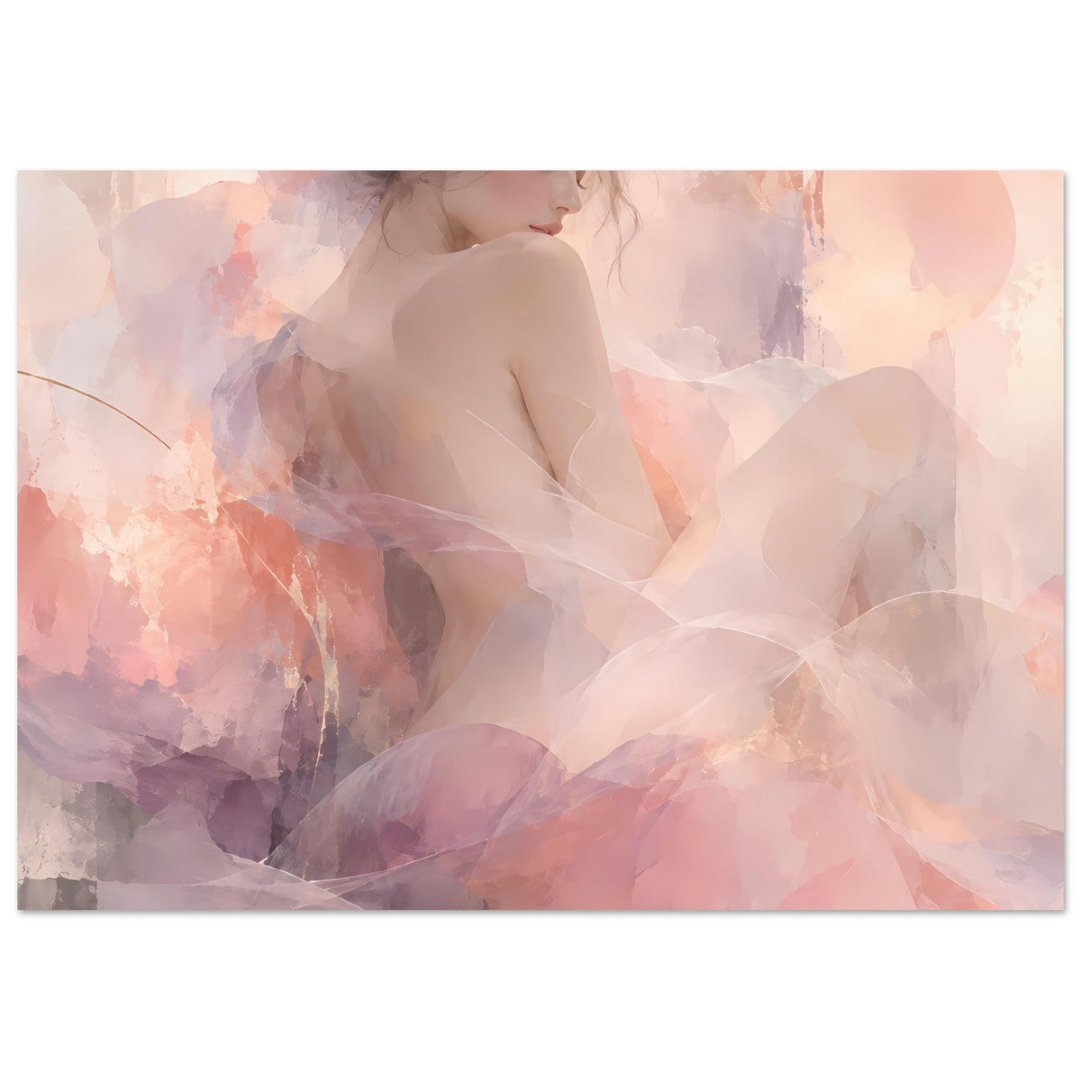 Querformatiges Poster, Aquarellporträt einer Frau mit rosa-violetten, überlappenden Formen