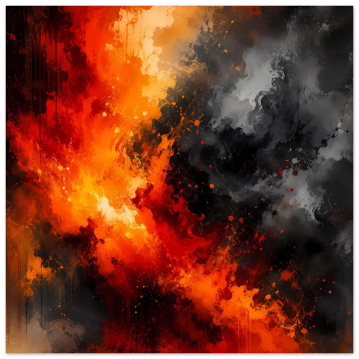 Abstraktes Feuer-Rauch-Poster, warme Flammenfarben treffen auf dunkelgrauen Rauch