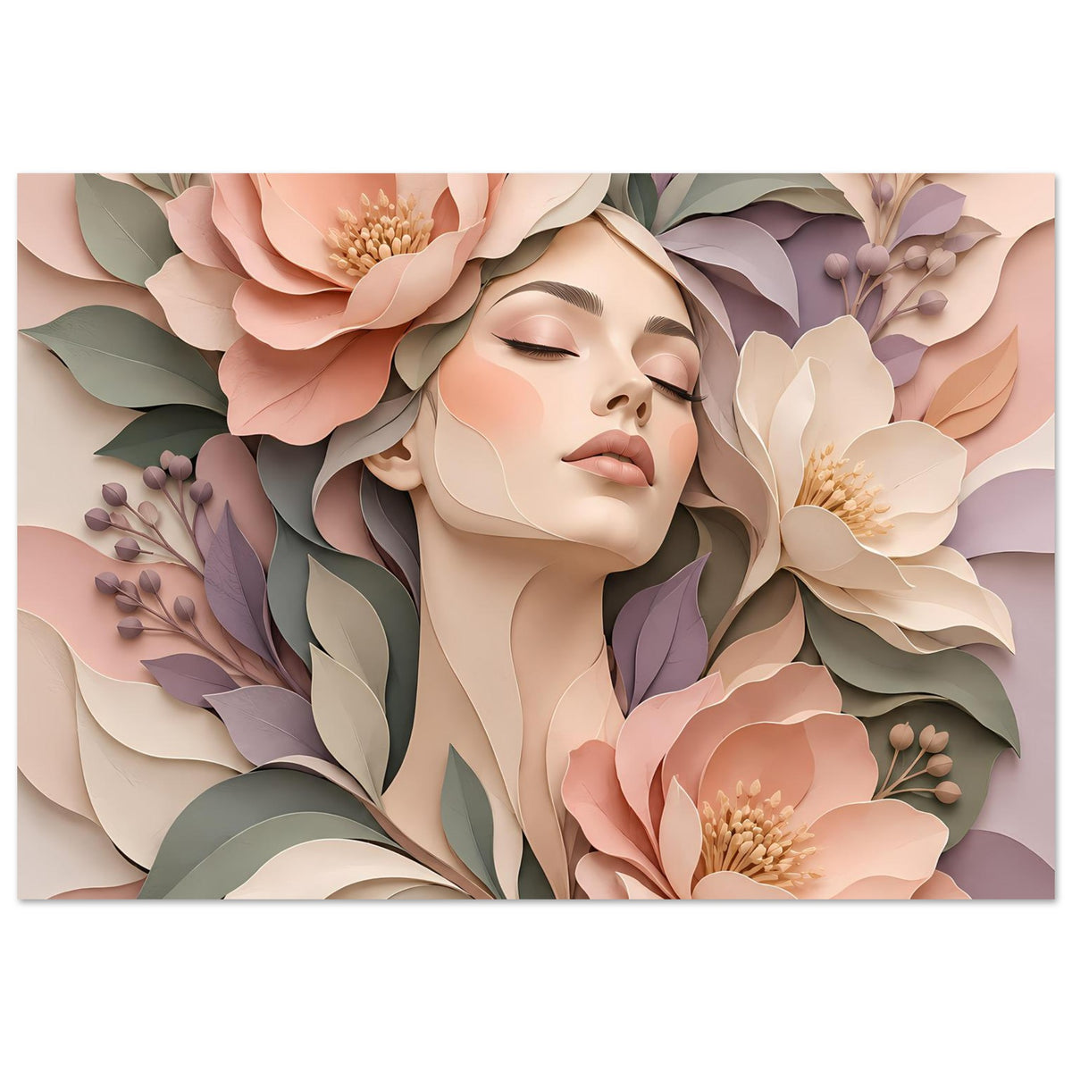 Florales Portrait-Poster mit Frauengesicht und Blütenornamenten in Pastellfarben, horizontal