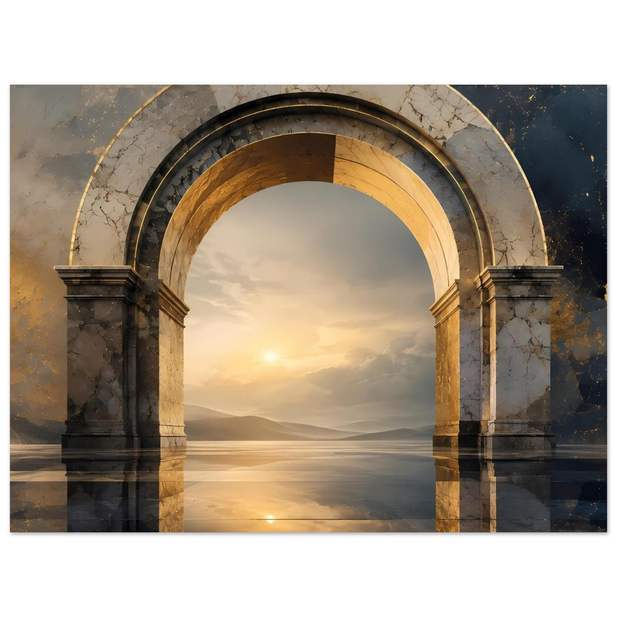 Poster mit antikem Rundbogen aus Marmor, goldener Innenring und ruhige Horizontlinie
